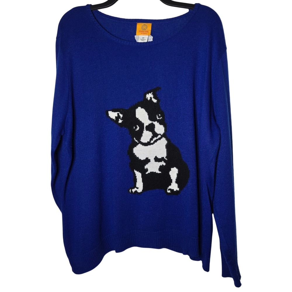 Ruby Rd Womens Boston Terrier Dog‎ Sweater Plus 2X Knit Kitsch Whimsical Novelty